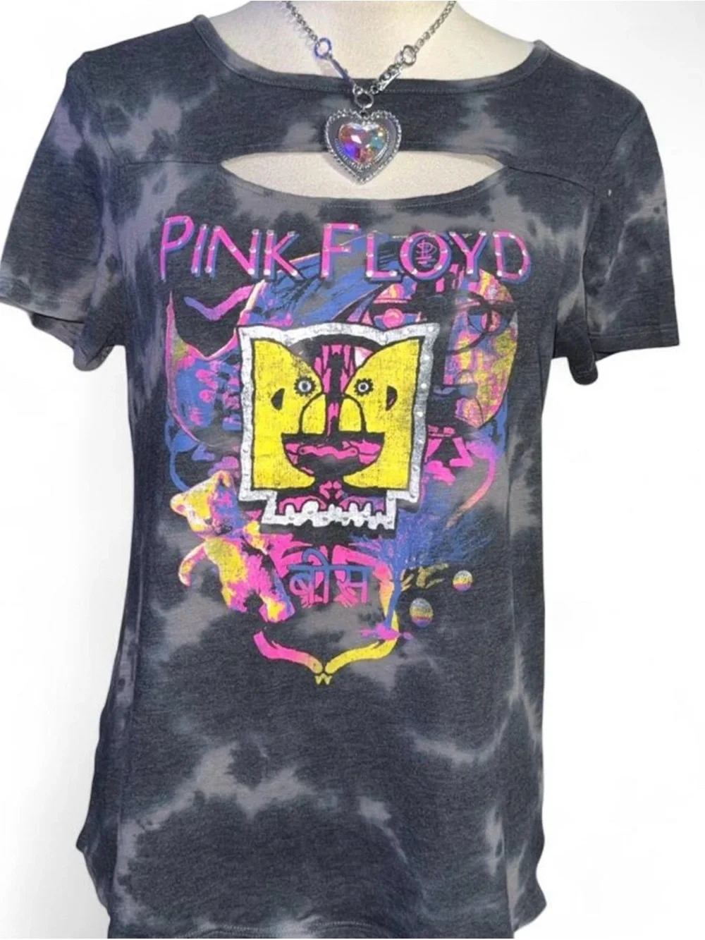 Pink Floyd Black Tie-Dye Short Sleeve Tee with Yellow & Pink Graphic